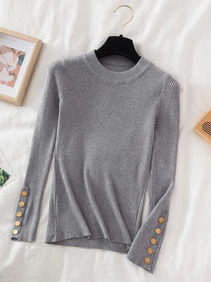 2025 women thick sweater pullovers khaki casual autumn winter button o-neck chic sweater female slim knit top soft jumper tops