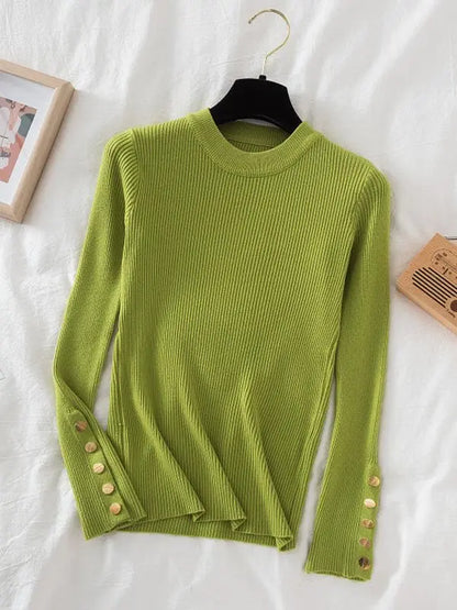 2025 women thick sweater pullovers khaki casual autumn winter button o-neck chic sweater female slim knit top soft jumper tops