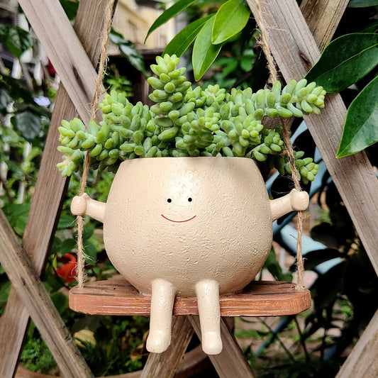 1pc Resin Hanging Planter Pot Rustic Succulent Plant Holder Smiling Face Design With Swing Base Outdoor Garden Indoor Home Decor