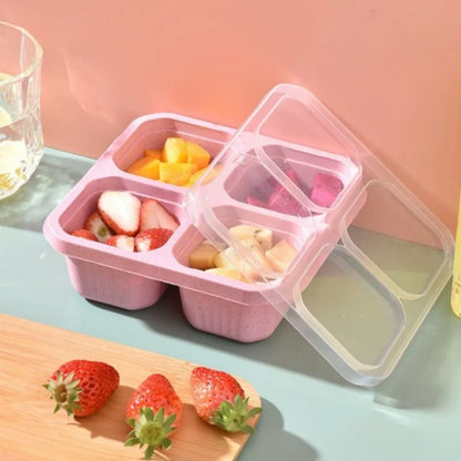 Square Divider Bento Box Reusable 4-compartment Food Container Snack Nuts With Lid Wheat Straw Lunch Box Kitchen Supplies