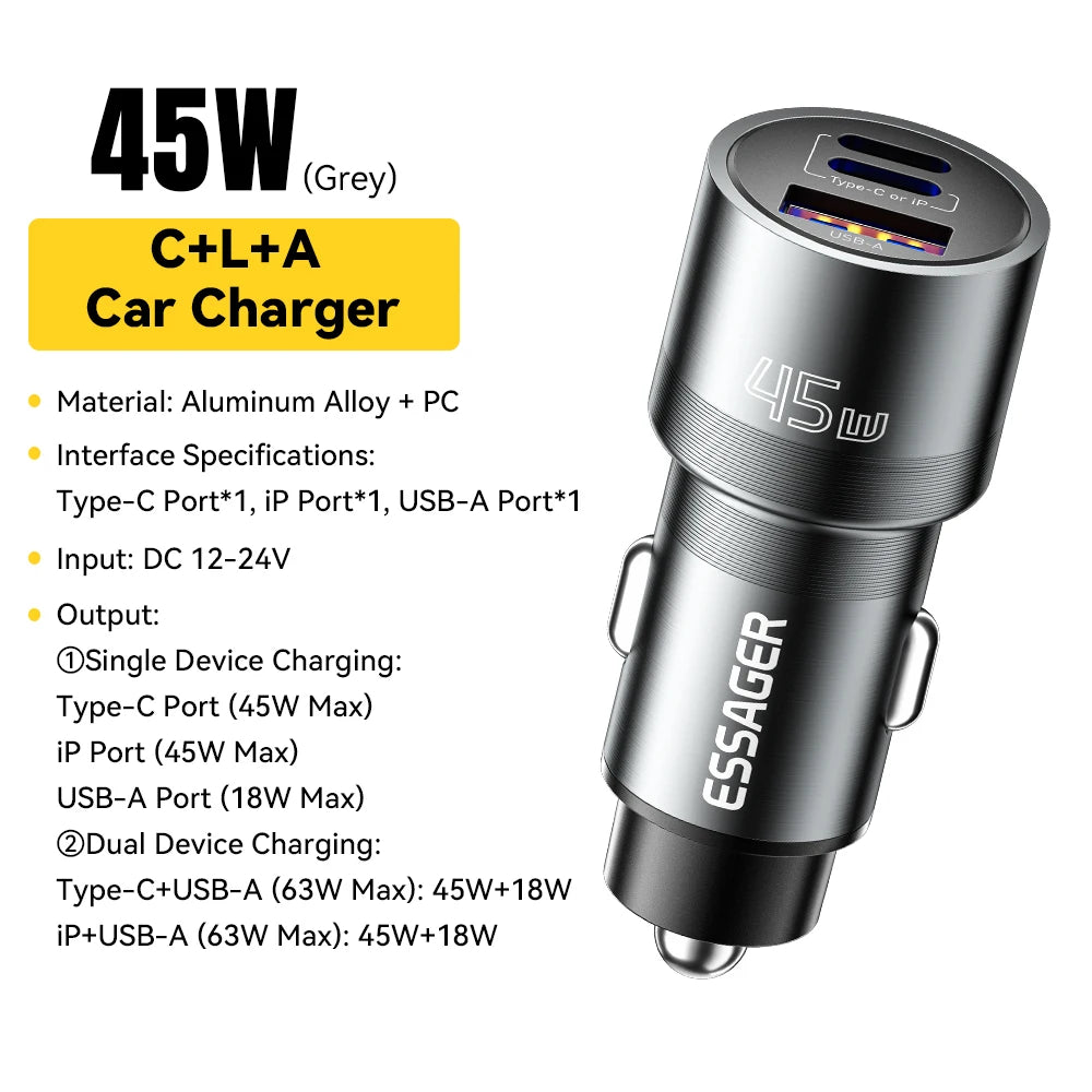 Essager iP Port Car Charger USB Type C PD QC 3.0 PPS 45W Fast Charging for iPhone 15 MacBook Samsung Xiaomi Mobile Phone Charger