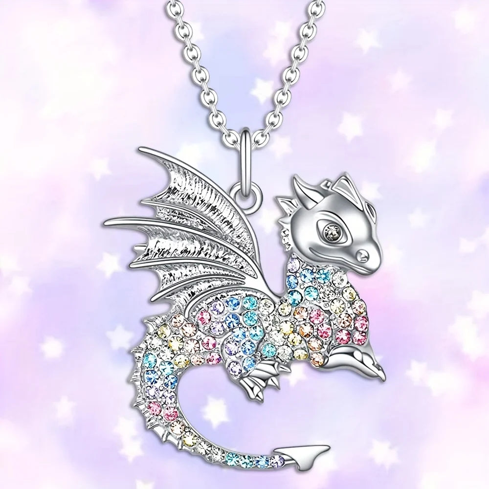 Exquisite Fashion Dragon Pendant Necklace Domineering Animal Necklace Inlaid with Colorful Rhinestones Perfect Gift for Girls