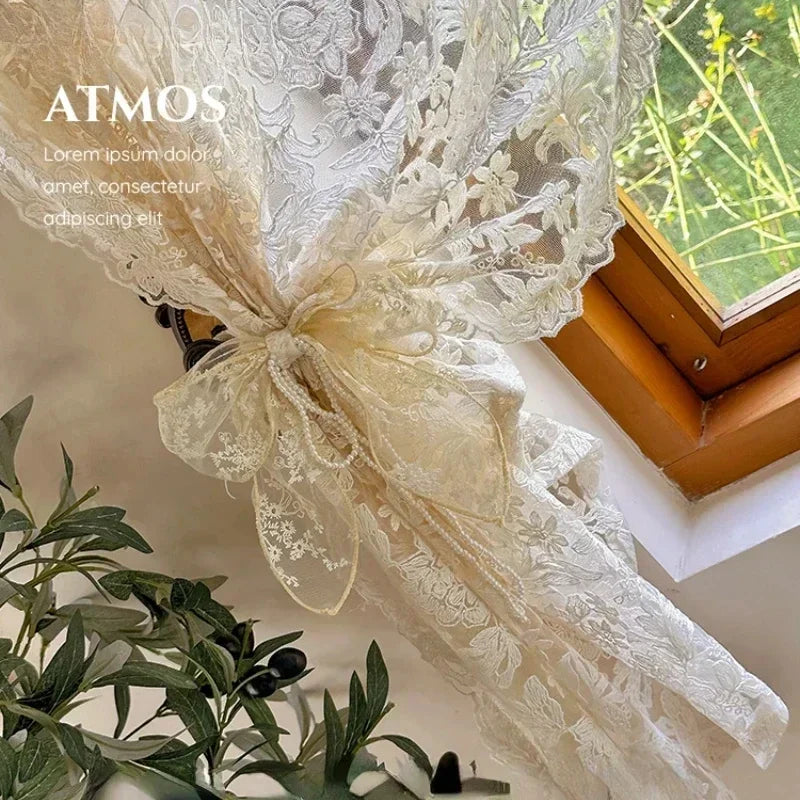 French Embroidery White Tulle Curtains Lace Gauze for Living Room Bedroom Cream Retro Wavy Edge Bay Window Girl Curtain Door