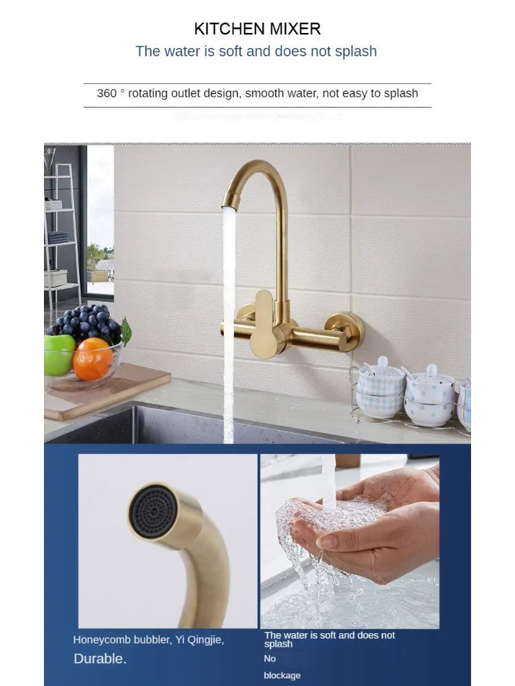 Kitchen Brushed Gold Wall Mounted Faucet Rotation Stainless Steel Lead Free Sink Water Mixer Tap Griferia Para Cocina