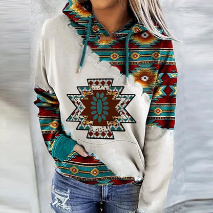 Womens Casual Geometric Horse Print Long Sleeve Drawstring Pullover Tops, Ethnic Style Hooded Sweatshirt