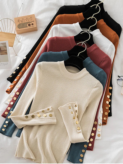 2025 women thick sweater pullovers khaki casual autumn winter button o-neck chic sweater female slim knit top soft jumper tops