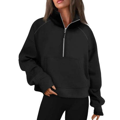 Women's Stand Collar Plus Fleece Solid Color Hoodie  Long Sleeve Pocket Loose Half Zip Pullover Hoodie Top лонгслив женский