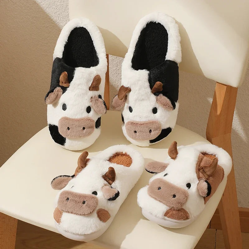 New Winter Unisex Cartoon Cow Warm Plush Slippers Couple's Indoor Non-slip House Mule Men And Women Toe Wrap Home Cotton Shoes