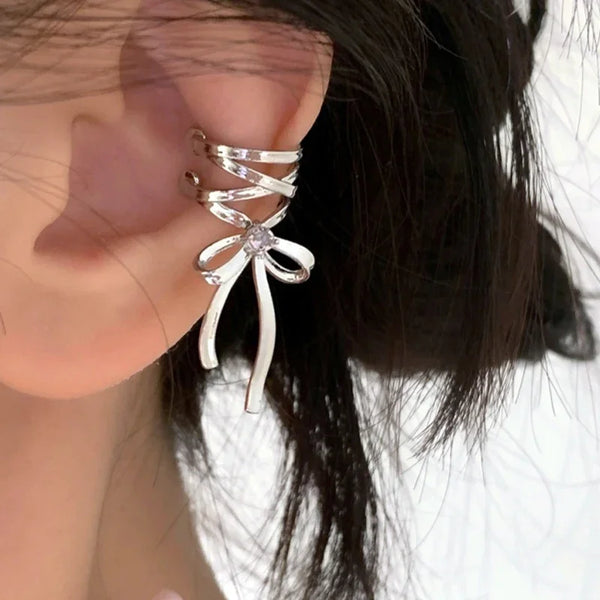 Girls New Ribbon Aesthetics Ear Clips Ballet Style Ribbon Bow-Knot Ear Cuff Women Korean Fashion Kpop Earring Jewelry Gifts