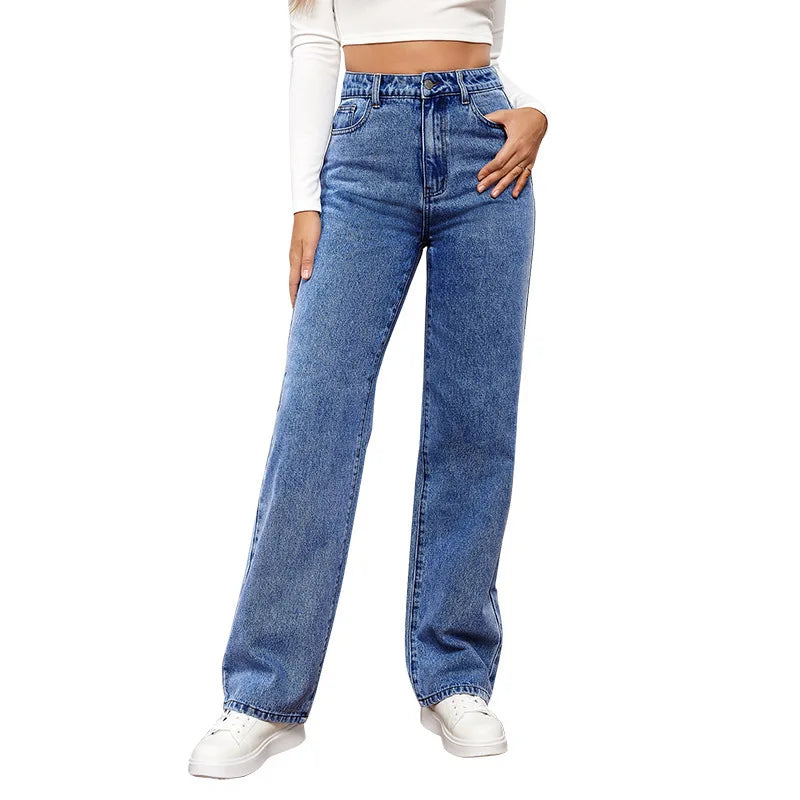 Europe and America New Fashion Washed High-waisted Jeans, Women's Spring and Summer New Straight Pants, Casual Wide-leg Pants