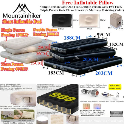 MOUNTAINHIKER 2025 Interior Air Mattress Glamping Mats PVC Inflatable Sleeping Mattress 1/3 Person Camping Bed Mat Built-in Pump