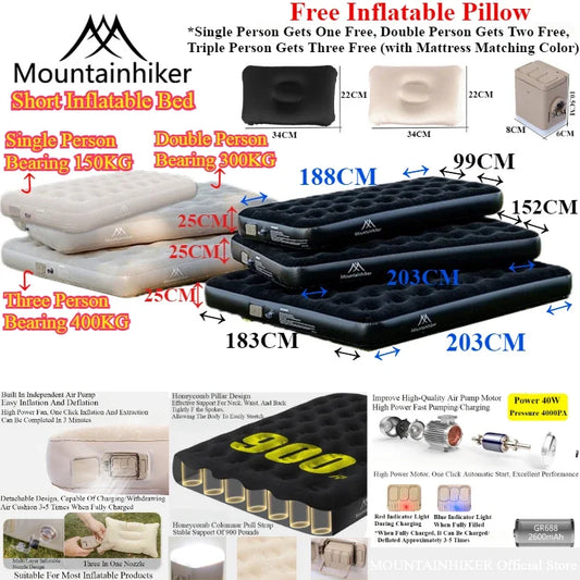 MOUNTAINHIKER 2025 Interior Air Mattress Glamping Mats PVC Inflatable Sleeping Mattress 1/3 Person Camping Bed Mat Built-in Pump