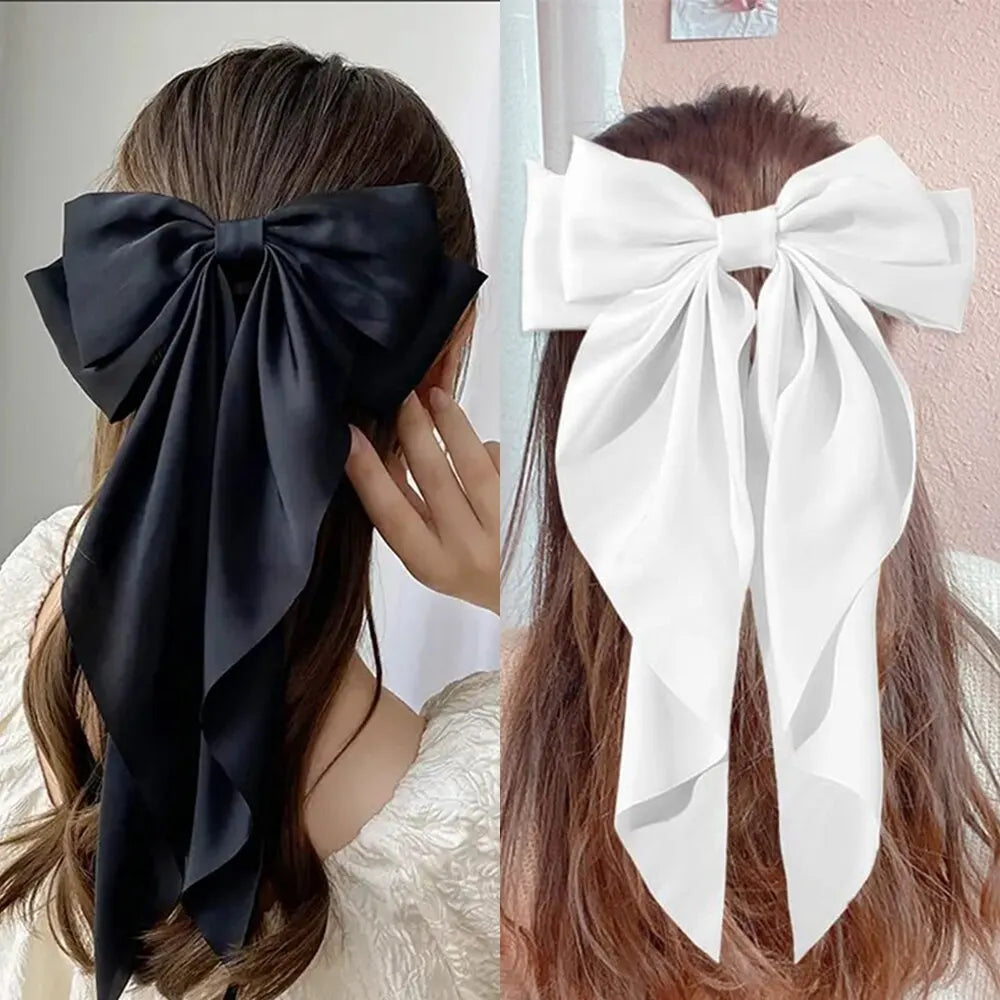 Women Elegant Bow Ribbon Hair Clip Fashion Solid Satin Spring Clip Simple Bowknot Hairpins Barrettes Hair Accessories for Girls