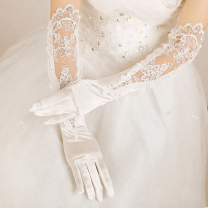 Women Satin Smooth Long Lace Flower Embroidery Hollow Banquet Wedding Bride Gloves Opera Elegant Evening Dress Accessories