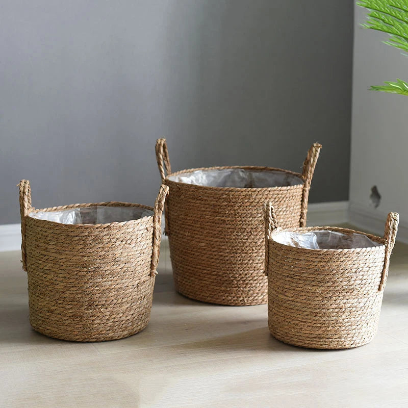 1PC Nordic Handmade Straw Woven Flower Pot Planter Basket Laundry Dirty Clothes Storage Potted Garden Green Plant Flower Holders