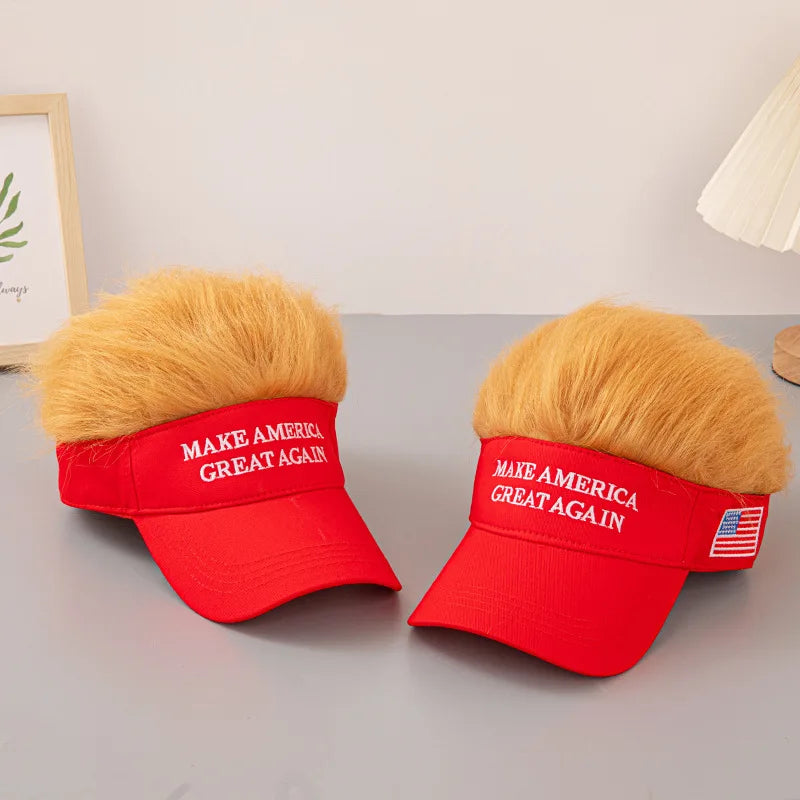 Make America Great Again 2024 Election Yellow Hair Wig Cap Trump Hip Hop Baseball Fashion Funny Embroidered Hat with Wide Brim