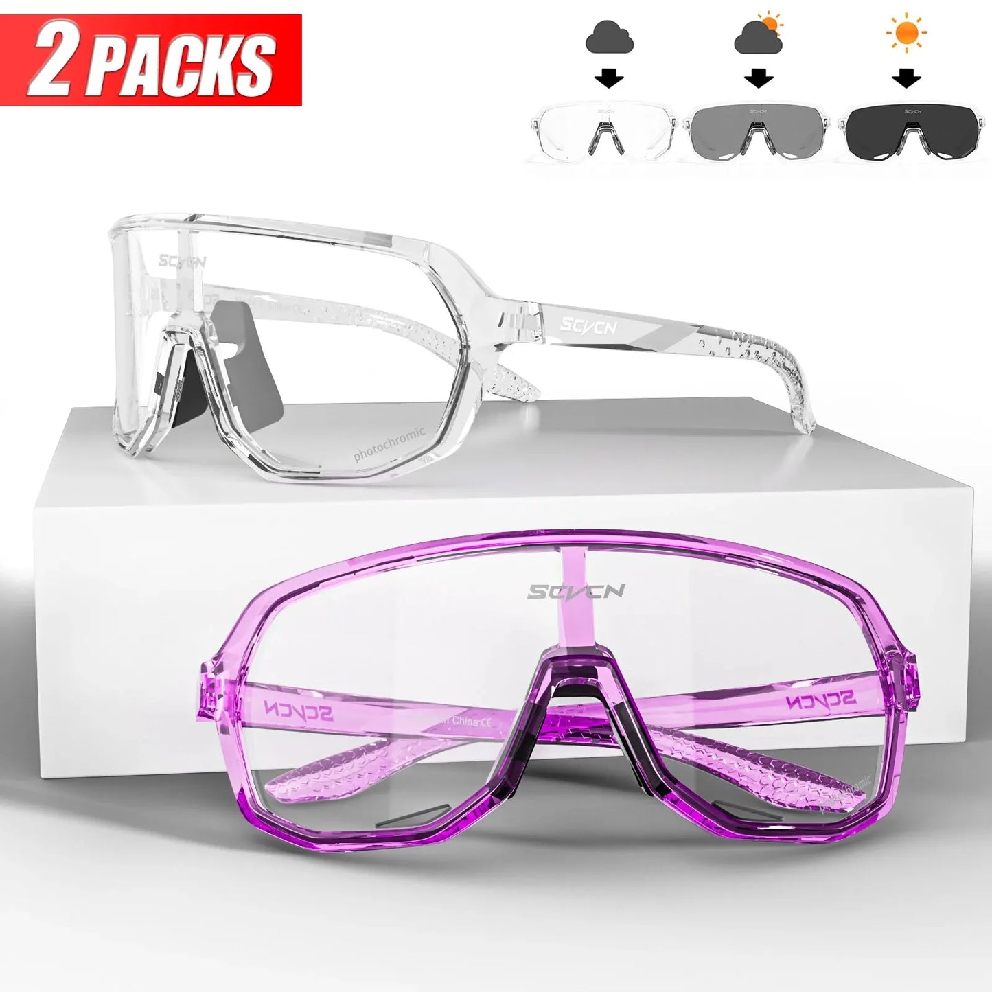 2 Packs Photochromic Cycling Glasses Outdoor Sports Bicycle Sunglasses Men MTB Cycling Goggles Women Road Bike Eyewear