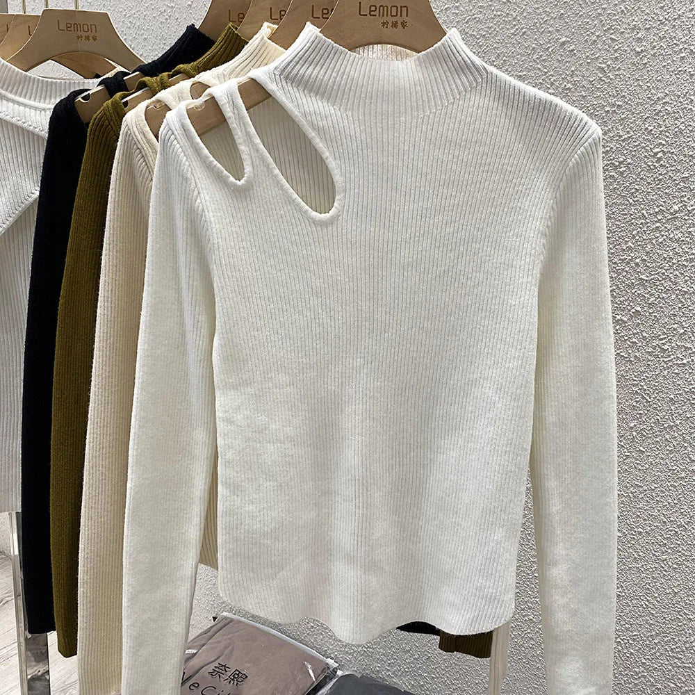 Hollow-out Turtleneck Knitted Women Sweater Ribbed Pullovers Autumn Winter Basic Women Sweaters Fit Soft Warm Tops