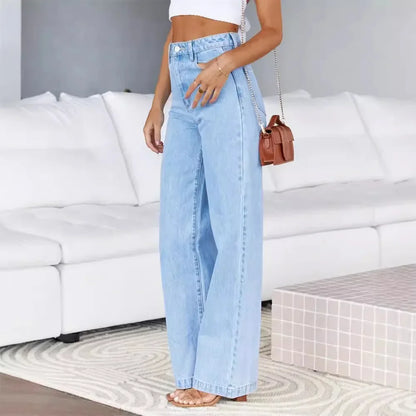 Jeans Women Denim Pant Wide Leg Long Pants Straight Trousers High Waist Elegant Y2k Button Pocket Simple Casual Loose Streetwear