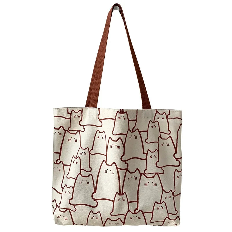 Cute Cat Shopper Handbags Shoulder Fashion Canvas Casual Shopping Girls Women Graphic Tote BagJapanese Cartoon Small Shoulder