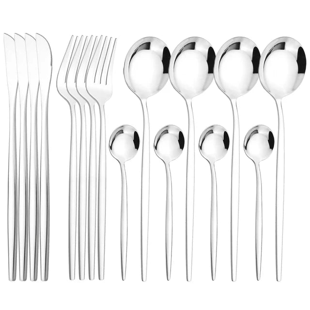 16Pcs Dinnerware Set Stainless Steel Tableware Mirror Dinner Black Cutlery Set Knife Fruit Fork Spoon Silverware Kitchen Set