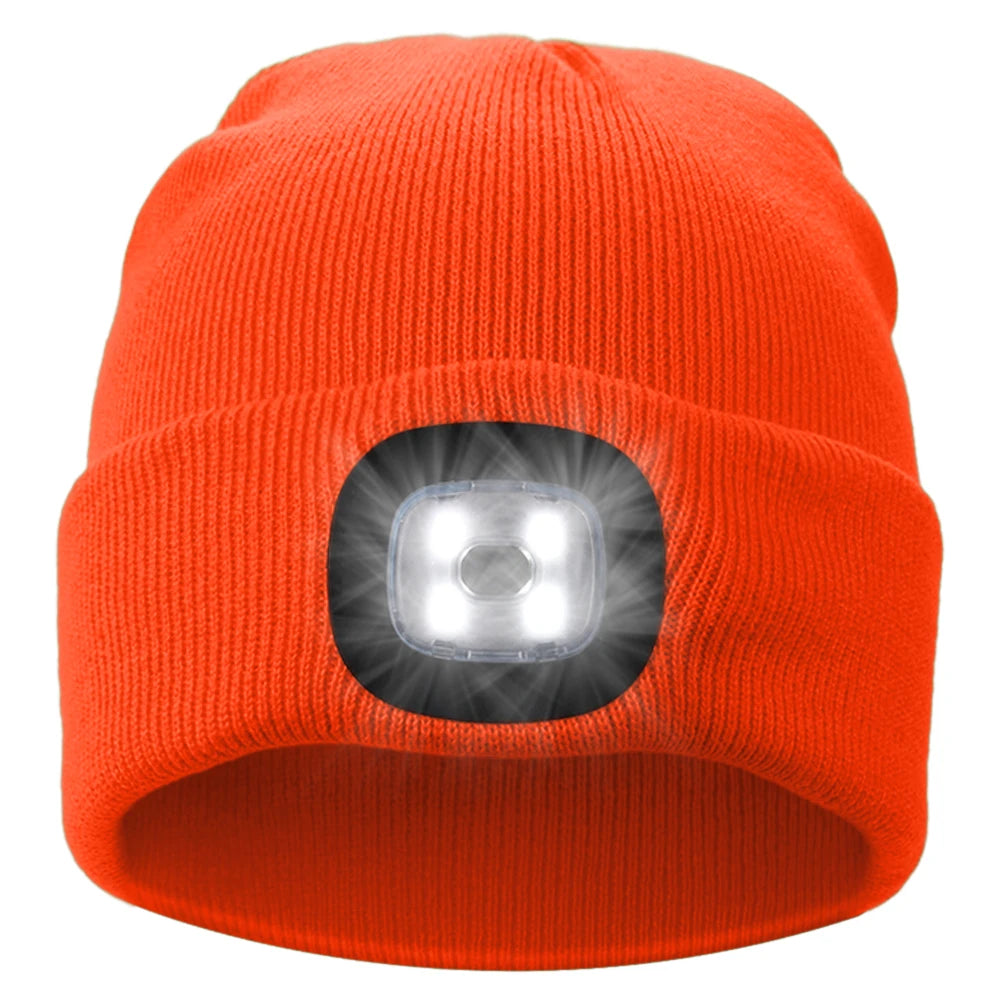 Unisex 4 LED Beanie Hat Hands Free Headlamp Cap for Men and Women Winter Knit Lighted Headlight Hats Portable Headlamp Torch