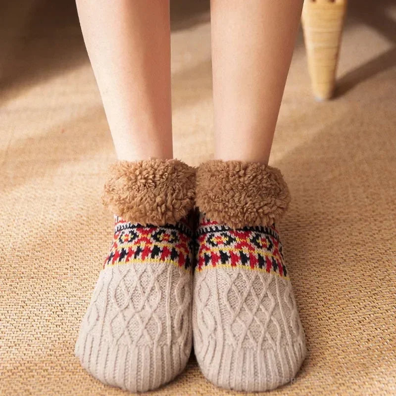 Warm Slipper Socks Women Winter Floor Socks Super Soft Lined with Grippers Socks Non-slip Knitted Adult Plus Fleece Carpet Sox