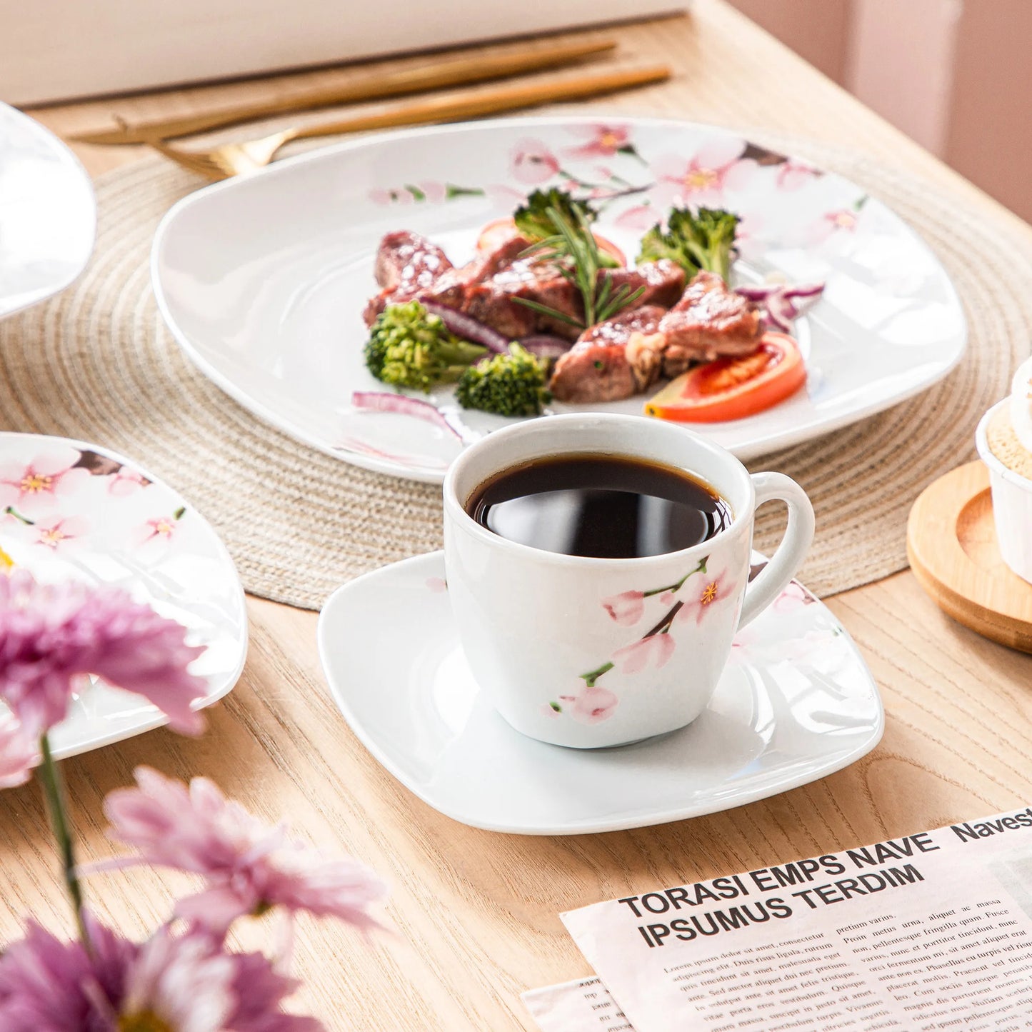 VEWEET ANNIE 60-Piece White Ceramic Pink Floral Porcelain Plate Set with Dinner Soup Dessert Plate ,Cups Saucers for 12 Person