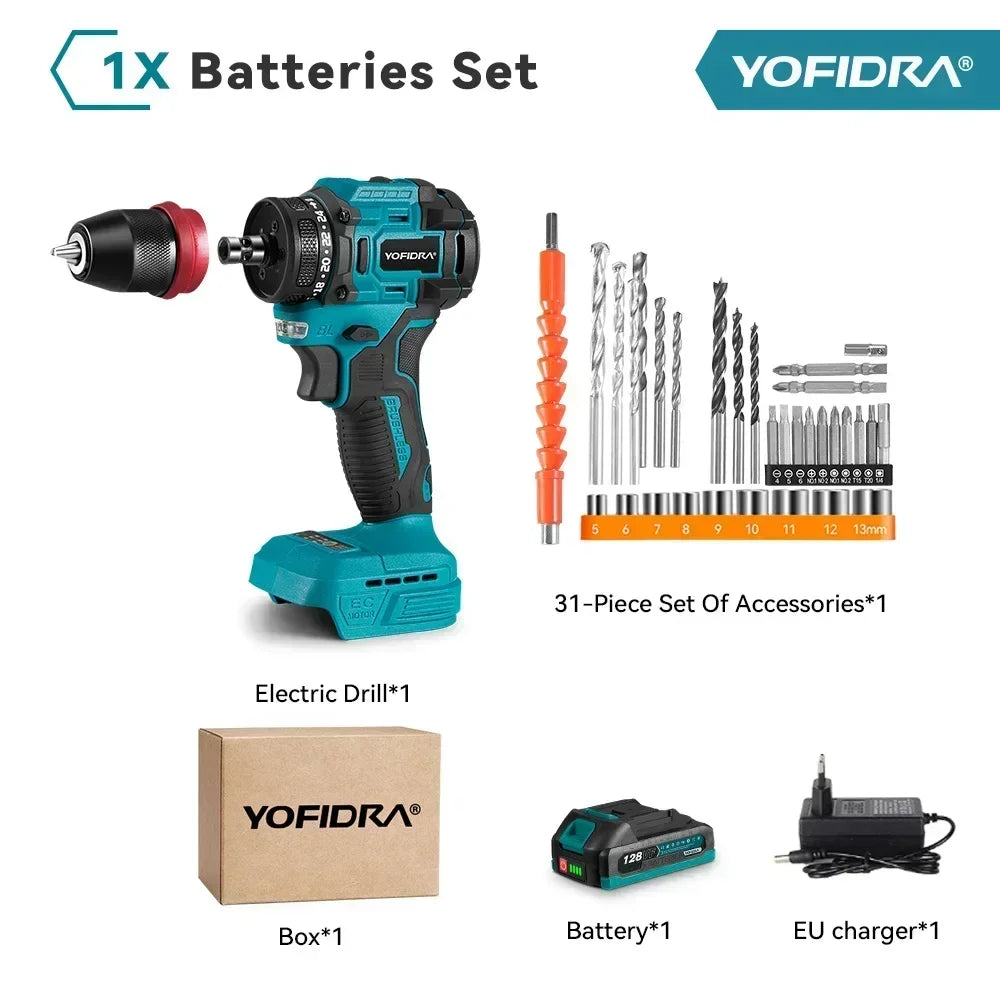 YOFIDRA 2 in1 Brushless Electric Screwdriver Hammer Cordless Drill Impact Multifunctional Power Tool  For Makita 18V Battery