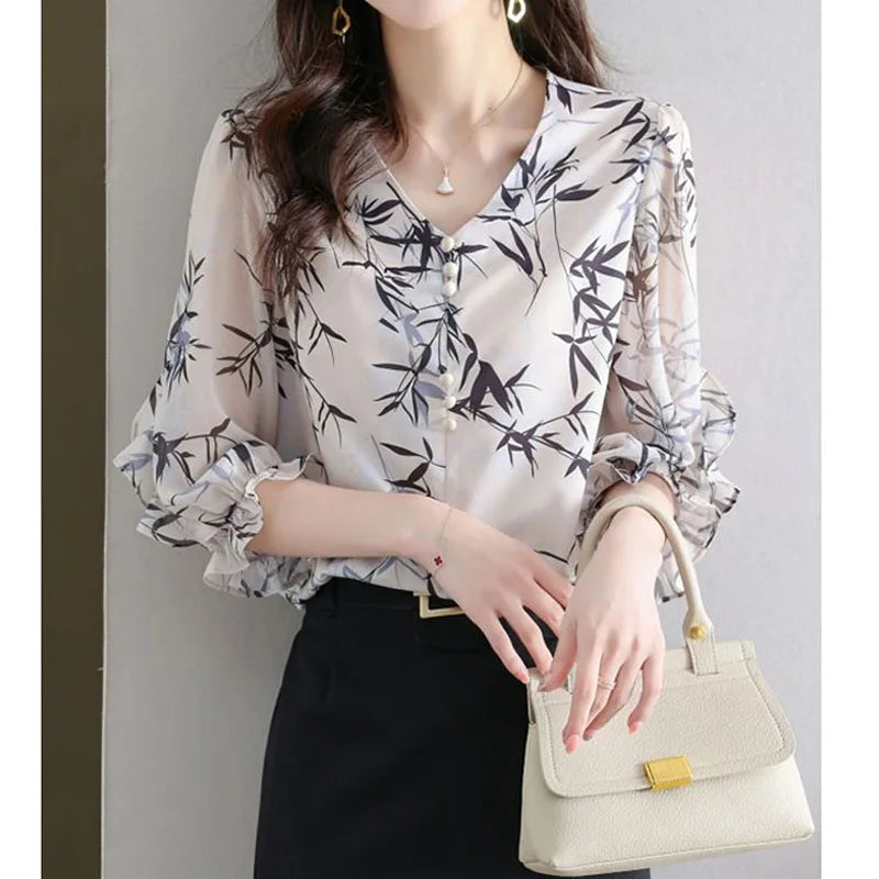 Summer Elegant Fashion Printed 3/4 Sleeve Shirt Women's Clothing Commute Loose Beading Spliced V-Neck Chiffon Blouse for Female