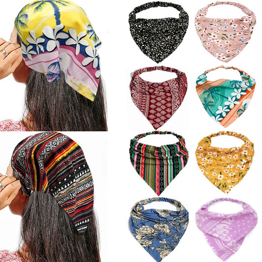 New Boho Triangle Bandanas Cotton Floral Print Elastic Hair Bands Headband Hairband Scrunchies Hair Scraf Girls Hair Accessories