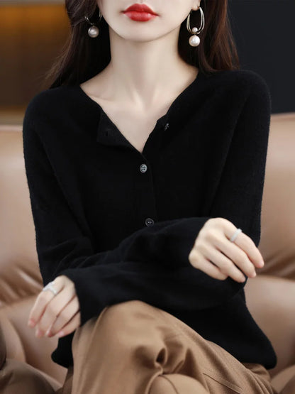 Long Sleeve 100% Merino Wool Sweaters Cashmere Cardigan Spring Autumn Women O-Neck Knitwear Tops Clothing Fashion Basic Tops