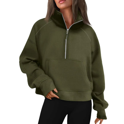 Women's Stand Collar Plus Fleece Solid Color Hoodie  Long Sleeve Pocket Loose Half Zip Pullover Hoodie Top лонгслив женский