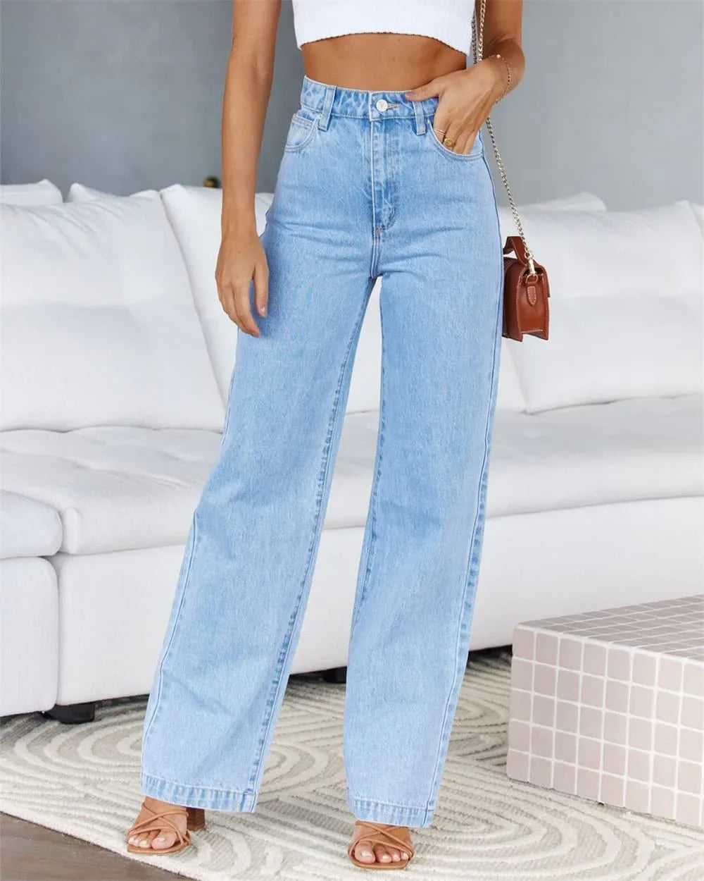 Jeans Women Denim Pant Wide Leg Long Pants Straight Trousers High Waist Elegant Y2k Button Pocket Simple Casual Loose Streetwear