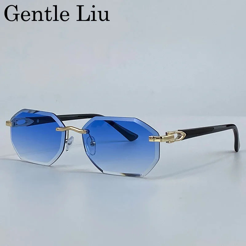 Small Frame Hexagon Rimless Sunglasses Men 2025 Luxury Brand Rectangle Sun Glasses Male Retro Cutting Lens Vintage Eyewear UV400