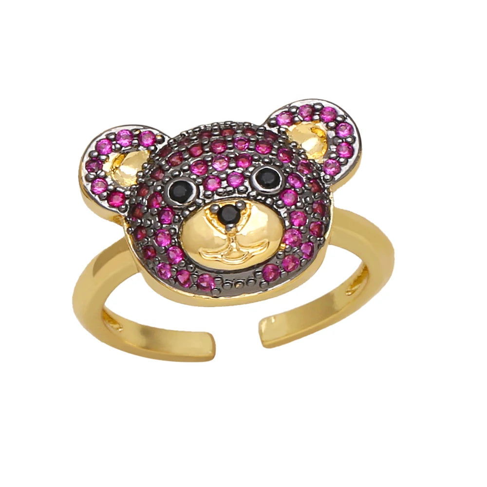 OCESRIO Multicolor Crystal Cute Bear Rings for Women Copper Gold Plated CZ Animal Open Ring Jewelry Women Girl Gift rigk70