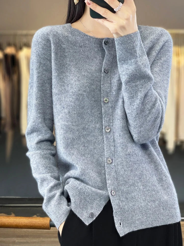 Long Sleeve 100% Merino Wool Sweaters Cashmere Cardigan Spring Autumn Women O-Neck Knitwear Tops Clothing Fashion Basic Tops