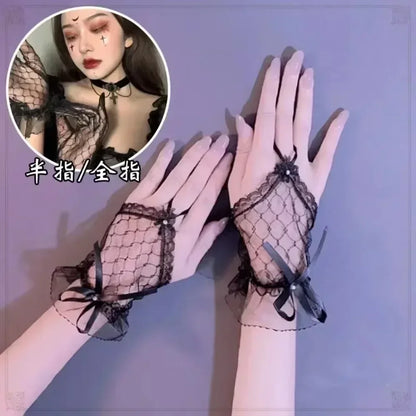 Gothic Short Black Gloves Female Harajuku Lace Bridal Wedding Halloween Lolita Dress Net Gauze Bow Hand Sleeve Fishnet Gloves