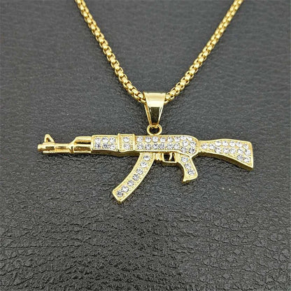 Hip Hop Iced Out Bling AK47 Gun Pendant With Chain Gold Color Stainless Steel Military Necklace For Men Women Jewelry Gift