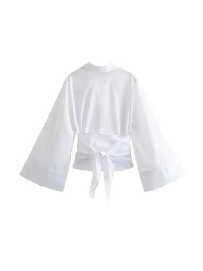 TRZA-Women's Long Sleeve Kimono Blouses With Bow Tie, Front Button, Female Shirts, Chic Tops, Fashion