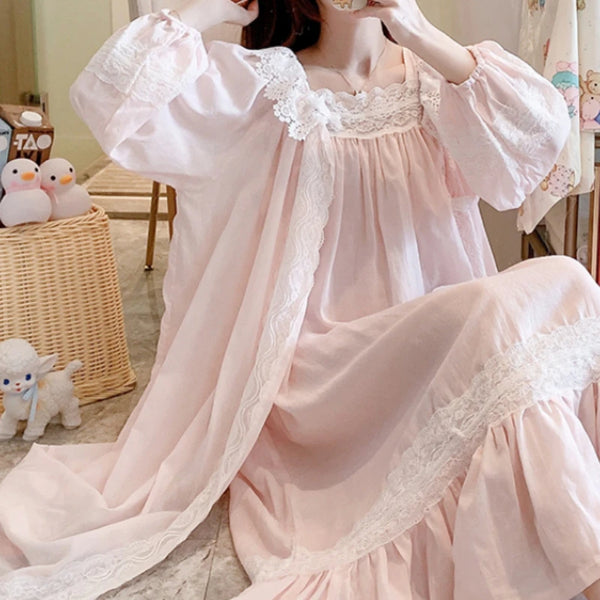 Pure Cotton Long Robe Slip Dress Peignoir Sets Princess Sleepwear Fairy Night Dress Women Autumn Victorian Vintage Nightgowns