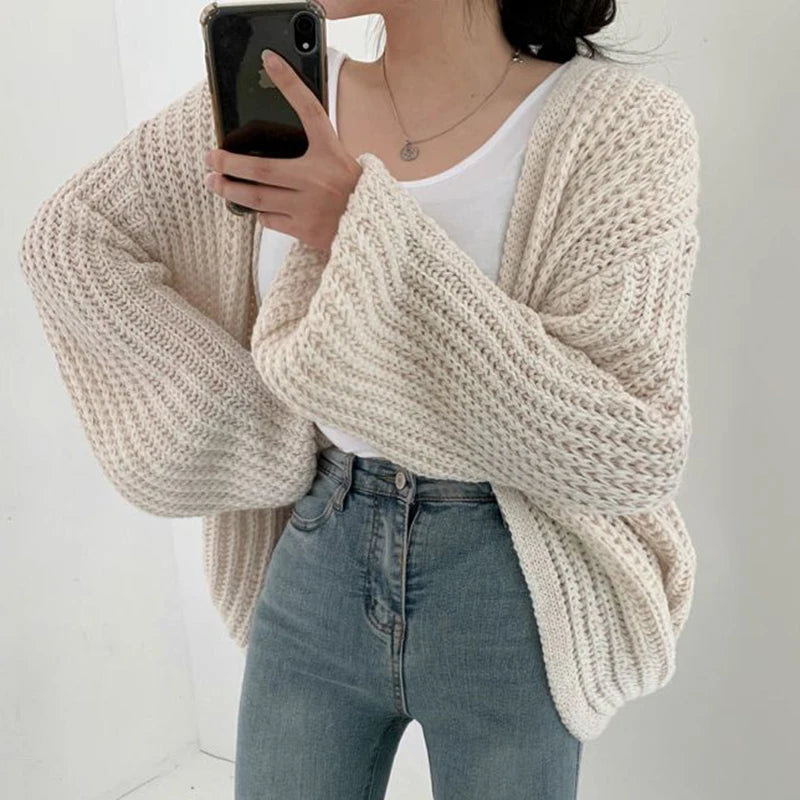 Vintage Harajuku Lantern Sleeve Women Cardigan Sweater Casual Korean Fall Streetwear Tops Coat Chic Lazy Wind Y2k Sweater