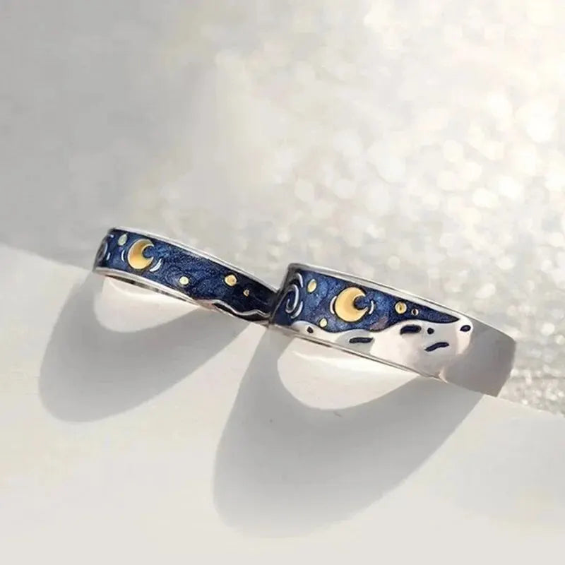 2 PCS Unisex Starry Sky Epoxy Open Ring Ins Silver Color Moon Couple Ring Unique Pattern Valentine's Day Gift Part Jewelry