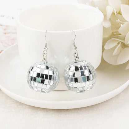 1Pair Fishon Dangle Earrings 3D Light Reflective Rotating Disco Ball For Women Birthday Part Gift