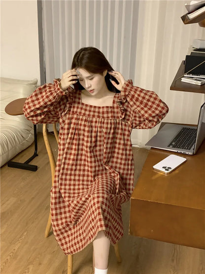 Red Plaid Cotton Pajamas Set Women Square Collar Shirts + Trousers Casual Loose Vintage Korean Sleepwear Night Wear Autumn Cute