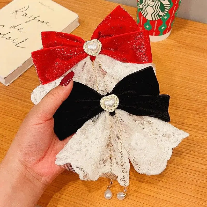 1pc Sweet temperament, lace red bow, one line clip, runaway princess, broken diamond hair clip, back of the head clip headband