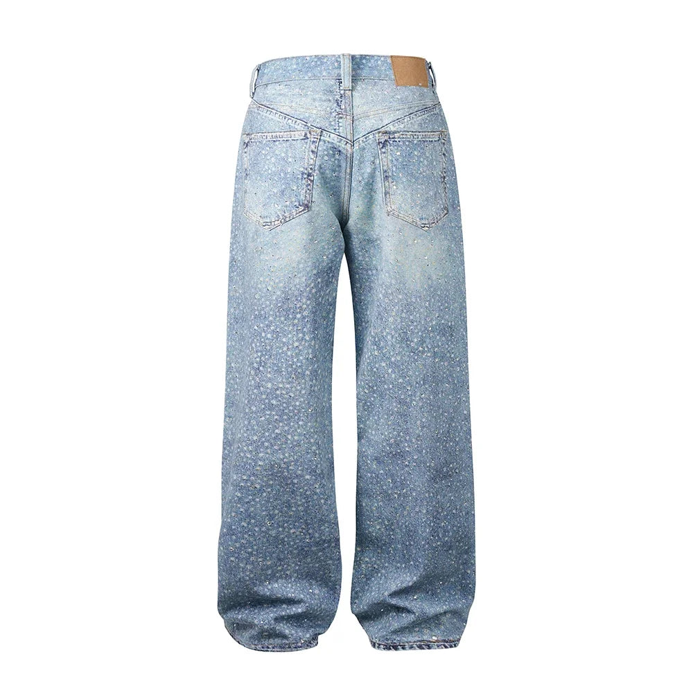 Full Rhinestone Print Washed Blue Baggy Jeans Mens and Women Ropa Hombre Streetwear Solid Casual Denim Trousers Loose Cargos