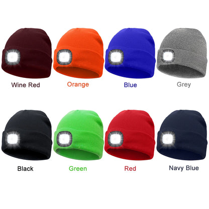 Unisex 4 LED Beanie Hat Hands Free Headlamp Cap for Men and Women Winter Knit Lighted Headlight Hats Portable Headlamp Torch