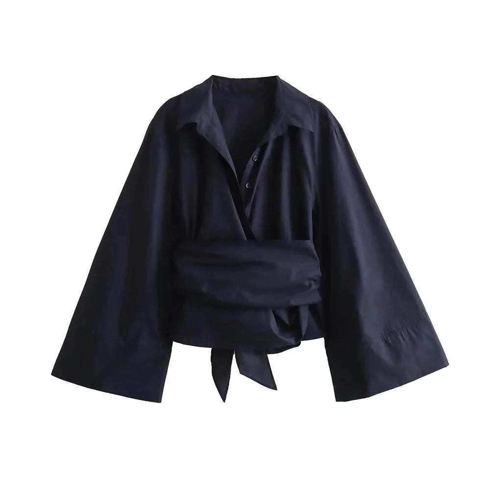 TRZA-Women's Long Sleeve Kimono Blouses With Bow Tie, Front Button, Female Shirts, Chic Tops, Fashion