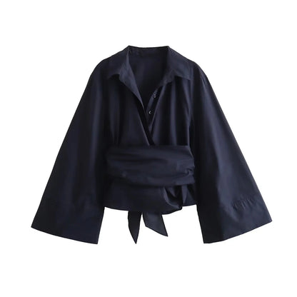 TRZA-Women's Long Sleeve Kimono Blouses With Bow Tie, Front Button, Female Shirts, Chic Tops, Fashion